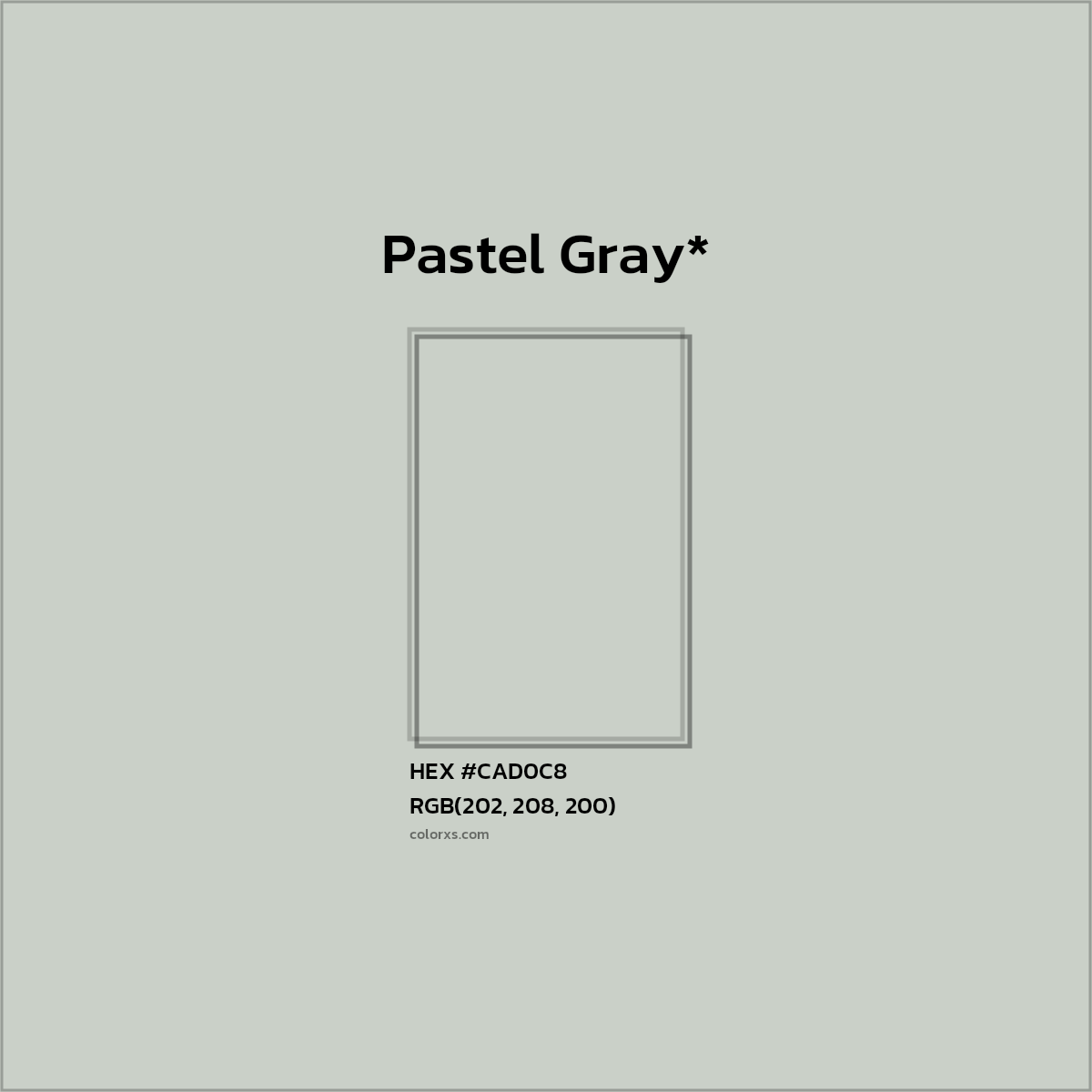 #CAD0C8 hex color. RGB, RYB, CMYK, HSL, HSV codes and color conversions. Matching color names, palettes, paints.