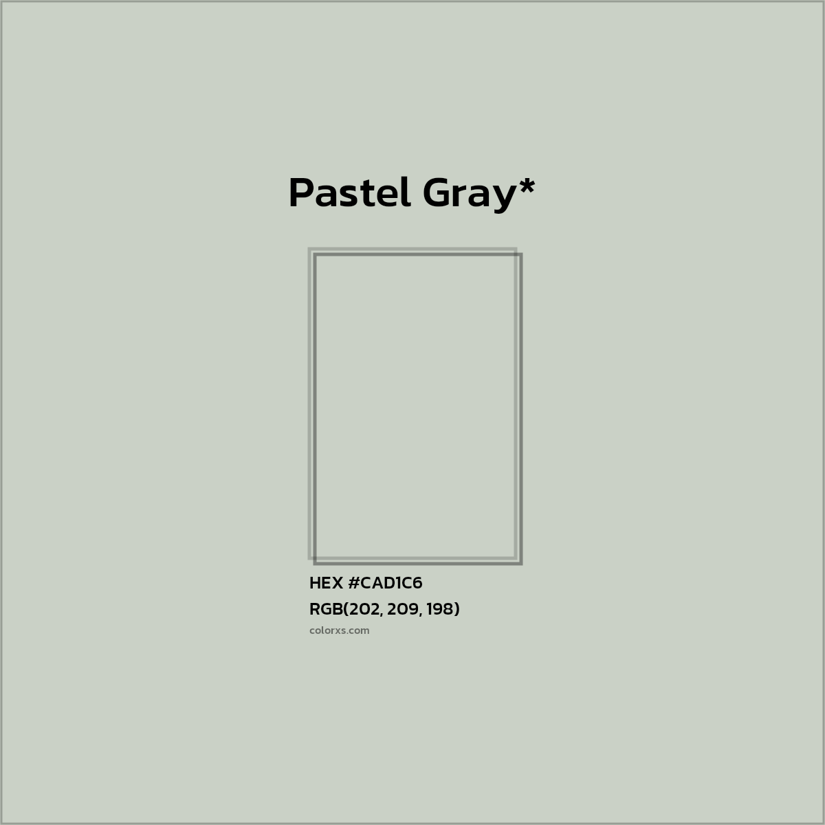 #CAD1C6 hex color. RGB, RYB, CMYK, HSL, HSV codes and color conversions. Matching color names, palettes, paints.