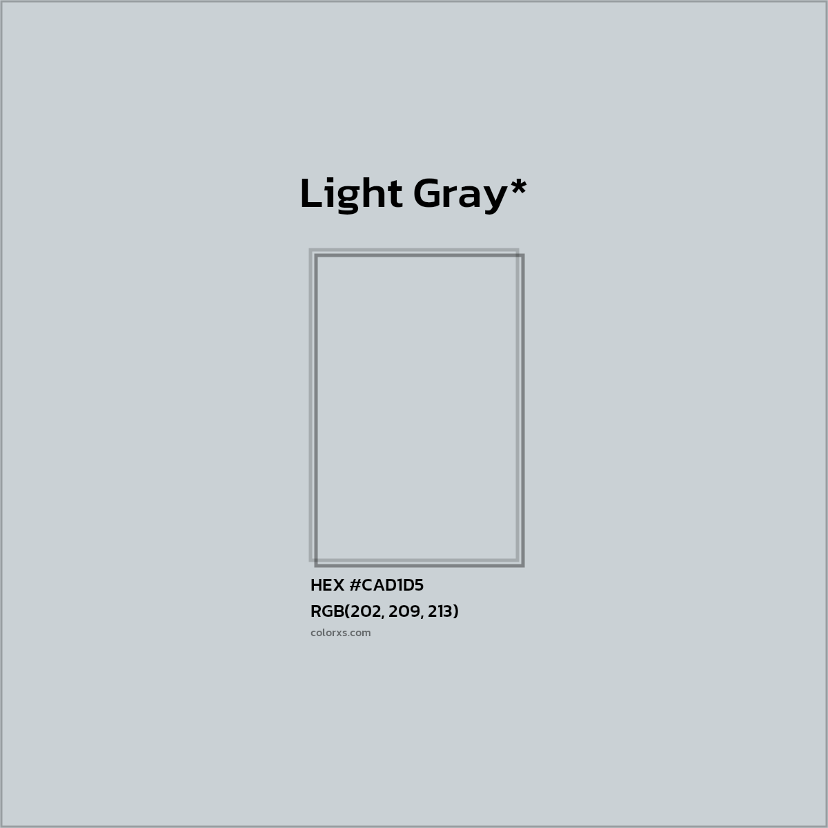 #CAD1D5 hex color. RGB, RYB, CMYK, HSL, HSV codes and color conversions. Matching color names, palettes, paints.