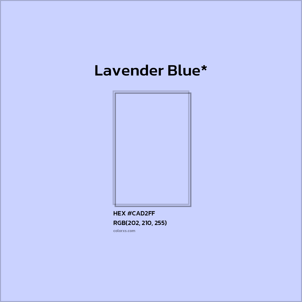 #CAD2FF hex color. RGB, RYB, CMYK, HSL, HSV codes and color conversions. Matching color names, palettes, paints.