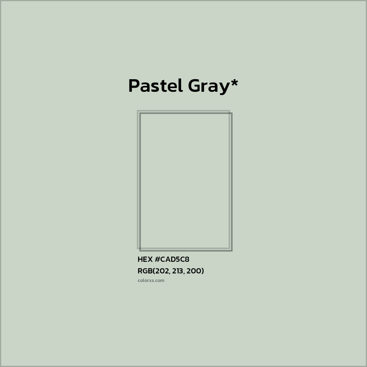 #CAD5C8 hex color. RGB, RYB, CMYK, HSL, HSV codes and color conversions. Matching color names, palettes, paints.