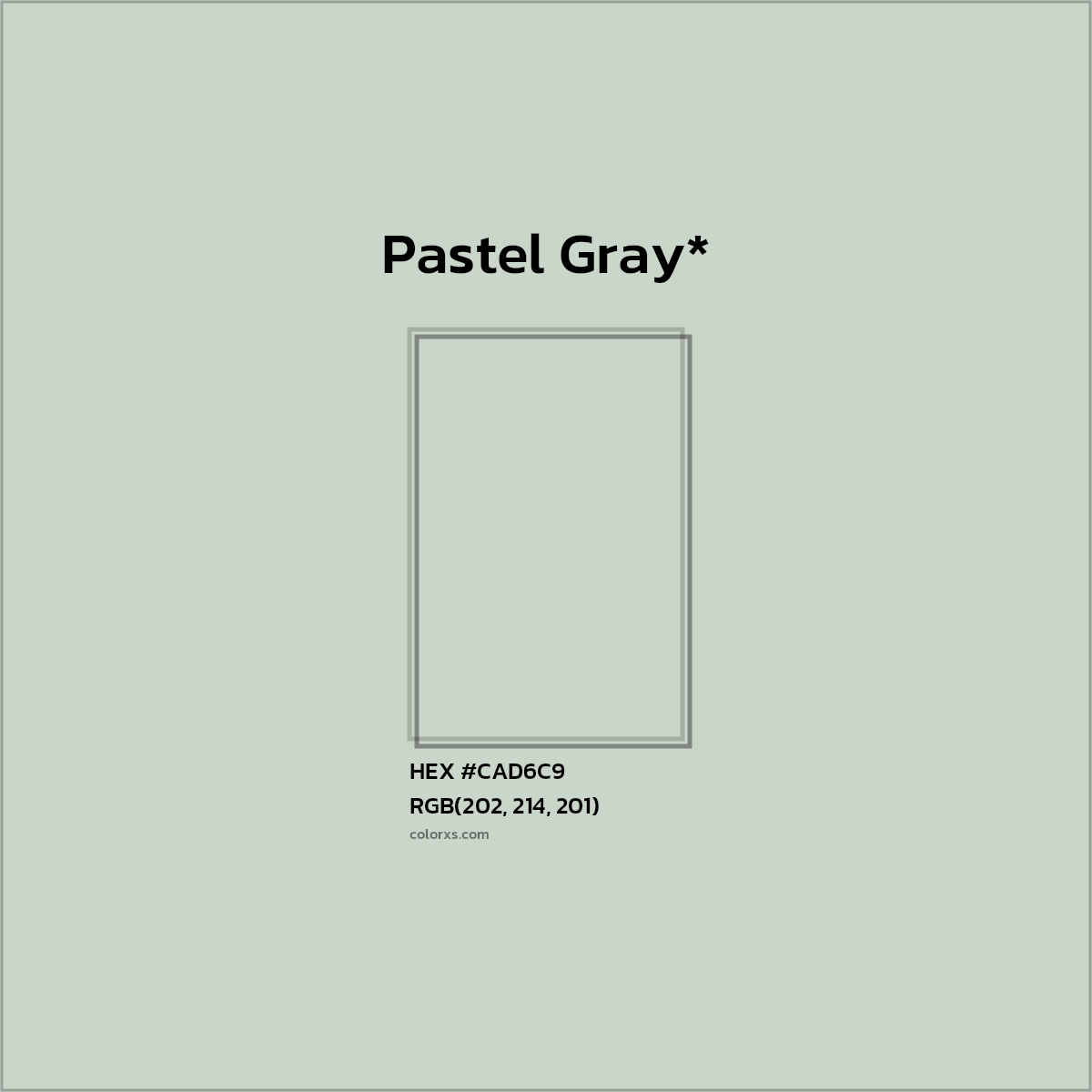 #CAD6C9 hex color. RGB, RYB, CMYK, HSL, HSV codes and color conversions. Matching color names, palettes, paints.