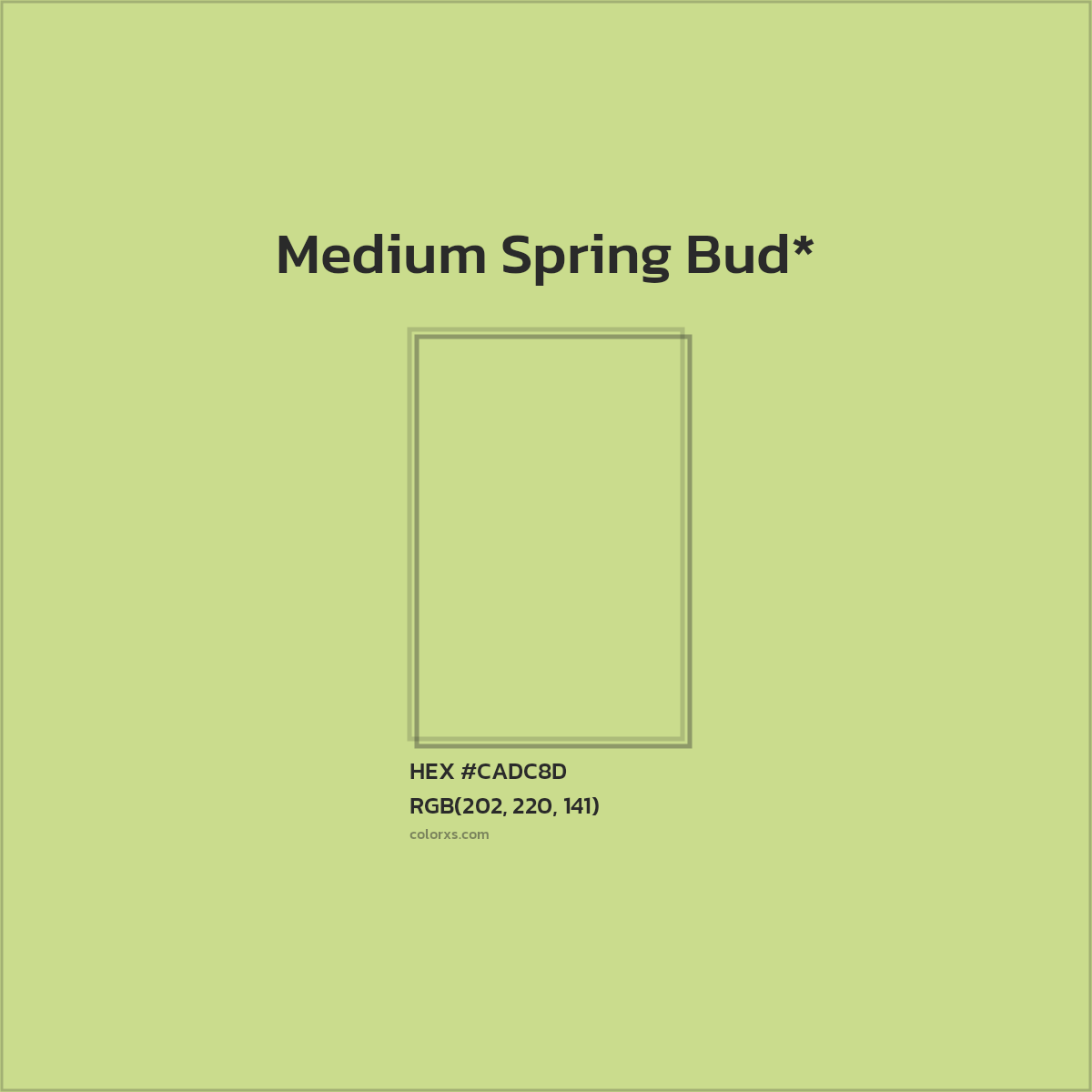 #CADC8D hex color. RGB, RYB, CMYK, HSL, HSV codes and color conversions. Matching color names, palettes, paints.