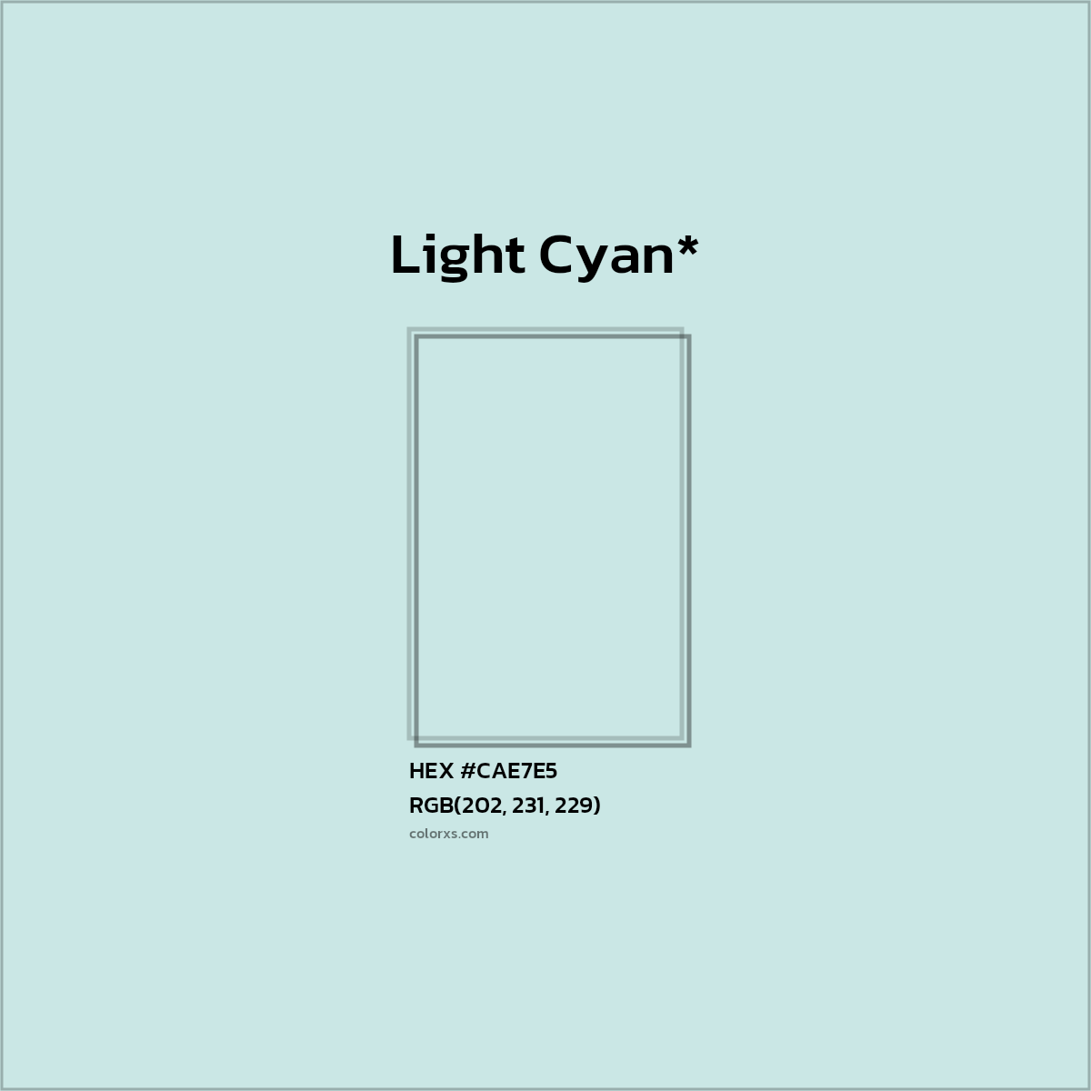 #CAE7E5 hex color. RGB, RYB, CMYK, HSL, HSV codes and color conversions. Matching color names, palettes, paints.
