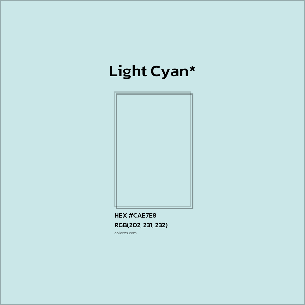 #CAE7E8 hex color. RGB, RYB, CMYK, HSL, HSV codes and color conversions. Matching color names, palettes, paints.