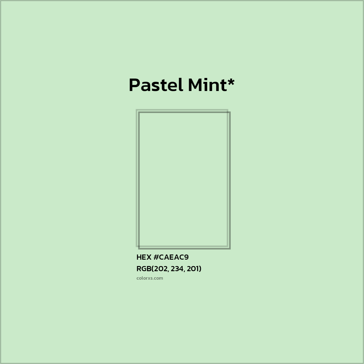 #CAEAC9 hex color. RGB, RYB, CMYK, HSL, HSV codes and color conversions. Matching color names, palettes, paints.