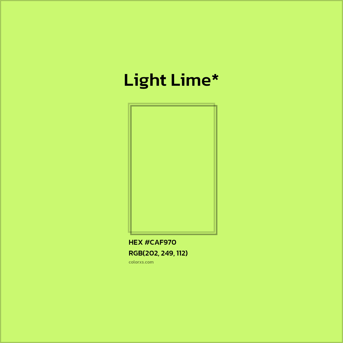 #CAF970 hex color. RGB, RYB, CMYK, HSL, HSV codes and color conversions. Matching color names, palettes, paints.