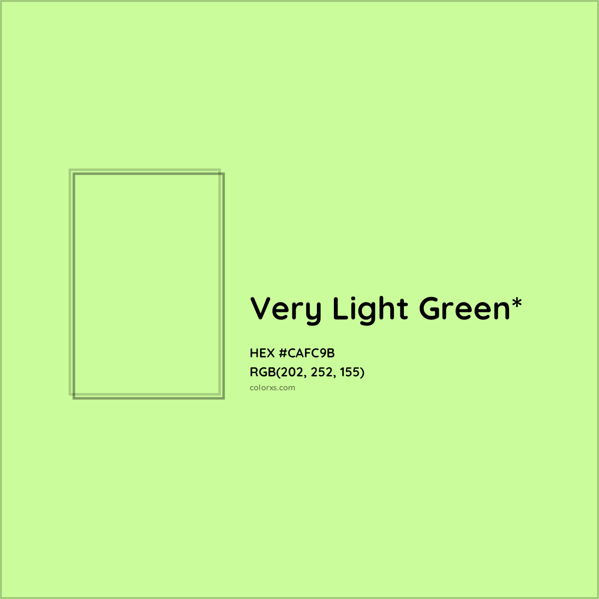 #CAFC9B hex color. RGB, RYB, CMYK, HSL, HSV codes and color conversions. Matching color names, palettes, paints.