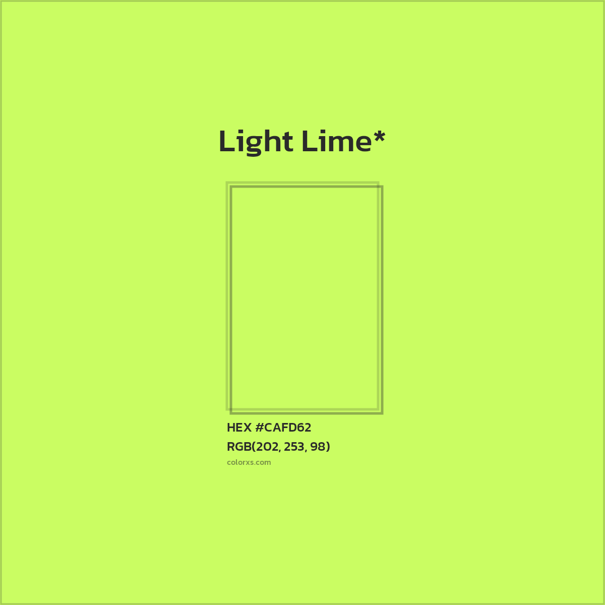 #CAFD62 hex color. RGB, RYB, CMYK, HSL, HSV codes and color conversions. Matching color names, palettes, paints.