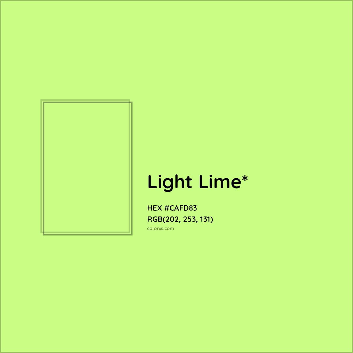 #CAFD83 hex color. RGB, RYB, CMYK, HSL, HSV codes and color conversions. Matching color names, palettes, paints.