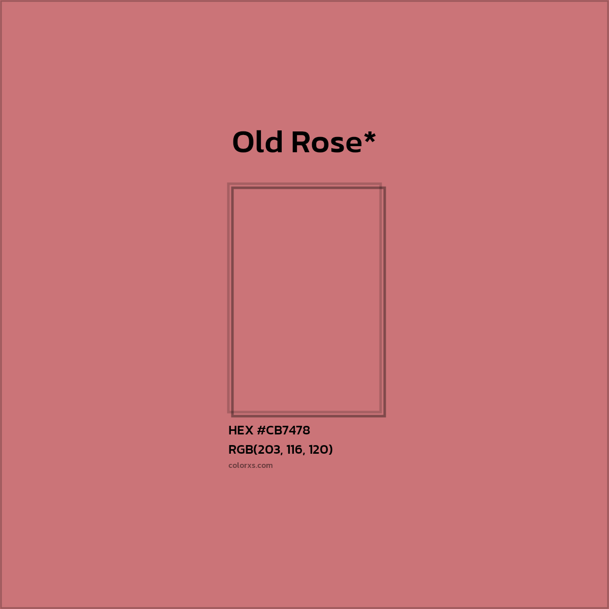 #CB7478 hex color. RGB, RYB, CMYK, HSL, HSV codes and color conversions. Matching color names, palettes, paints.