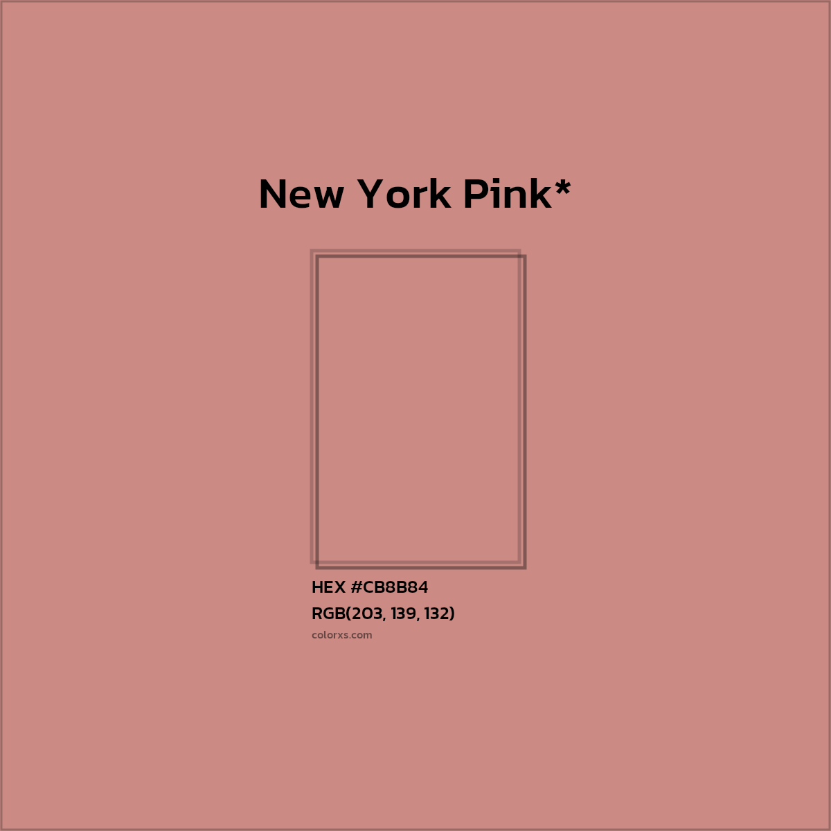 #CB8B84 hex color. RGB, RYB, CMYK, HSL, HSV codes and color conversions. Matching color names, palettes, paints.