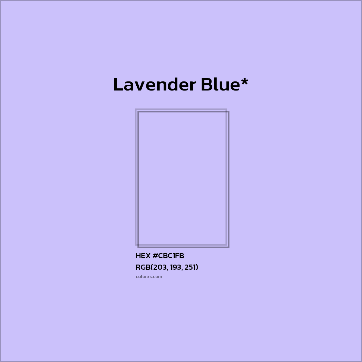 #CBC1FB hex color. RGB, RYB, CMYK, HSL, HSV codes and color conversions. Matching color names, palettes, paints.