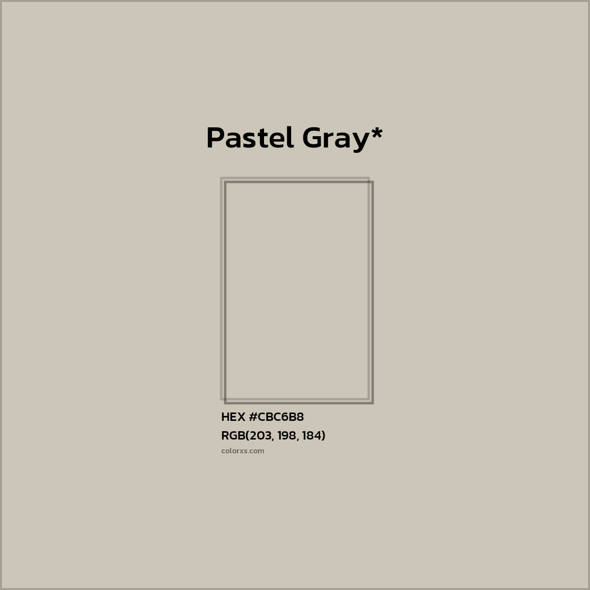 #CBC6B8 hex color. RGB, RYB, CMYK, HSL, HSV codes and color conversions. Matching color names, palettes, paints.