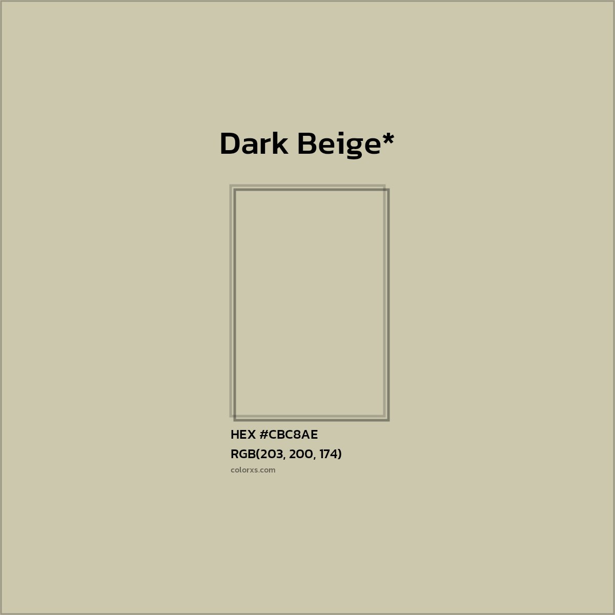#CBC8AE hex color. RGB, RYB, CMYK, HSL, HSV codes and color conversions. Matching color names, palettes, paints.