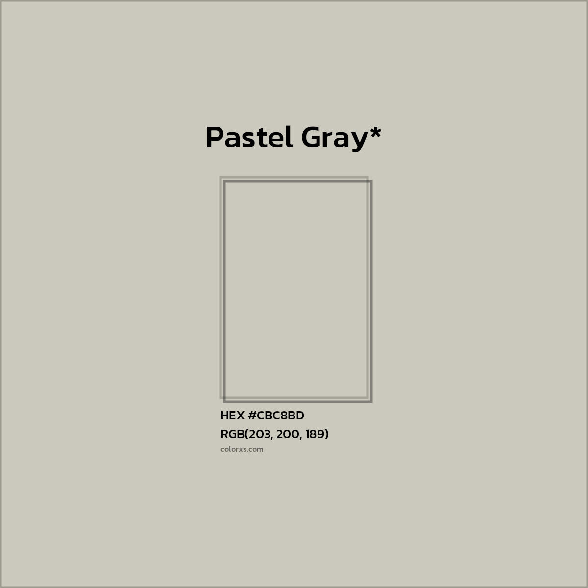 #CBC8BD hex color. RGB, RYB, CMYK, HSL, HSV codes and color conversions. Matching color names, palettes, paints.