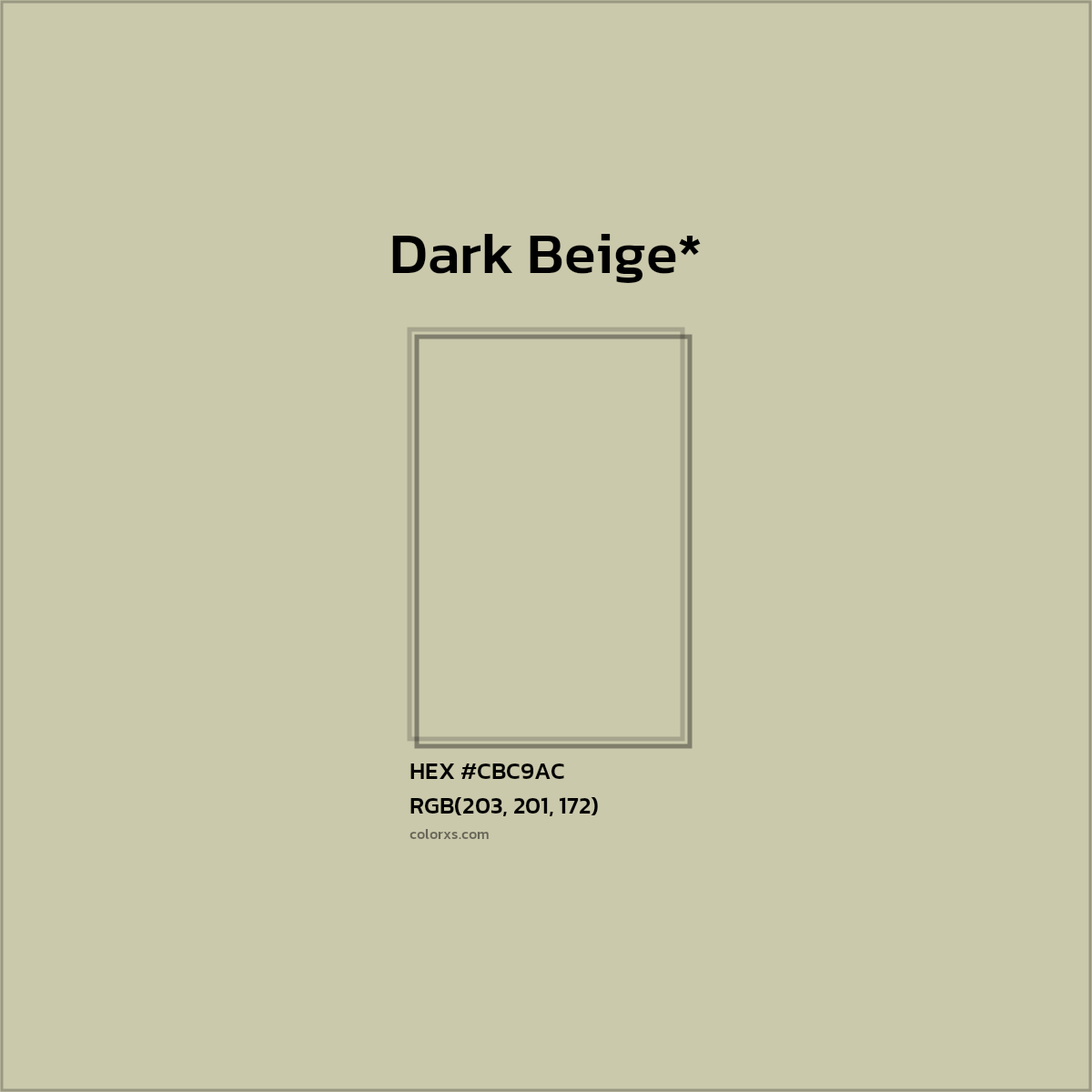 #CBC9AC hex color. RGB, RYB, CMYK, HSL, HSV codes and color conversions. Matching color names, palettes, paints.