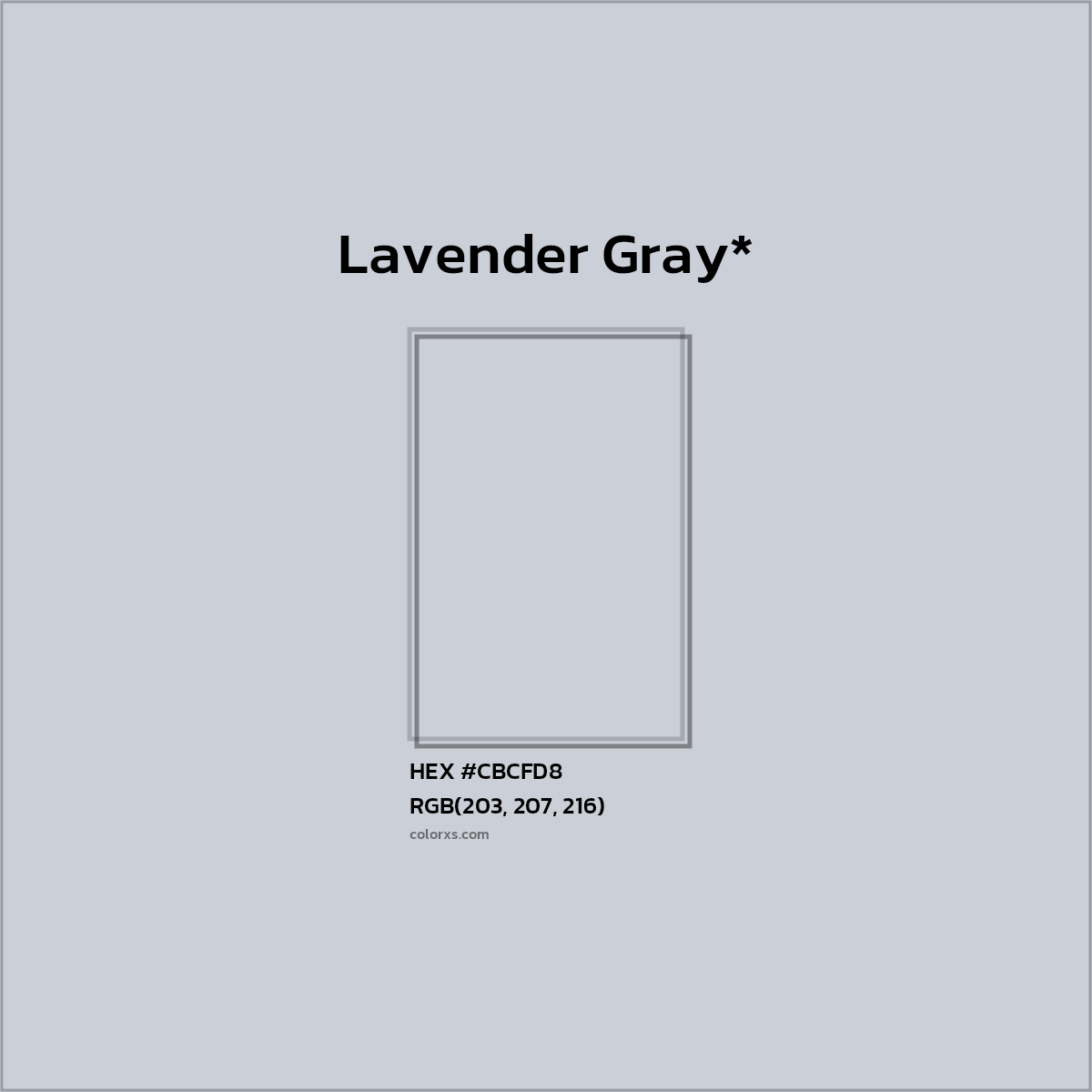 #CBCFD8 hex color. RGB, RYB, CMYK, HSL, HSV codes and color conversions. Matching color names, palettes, paints.