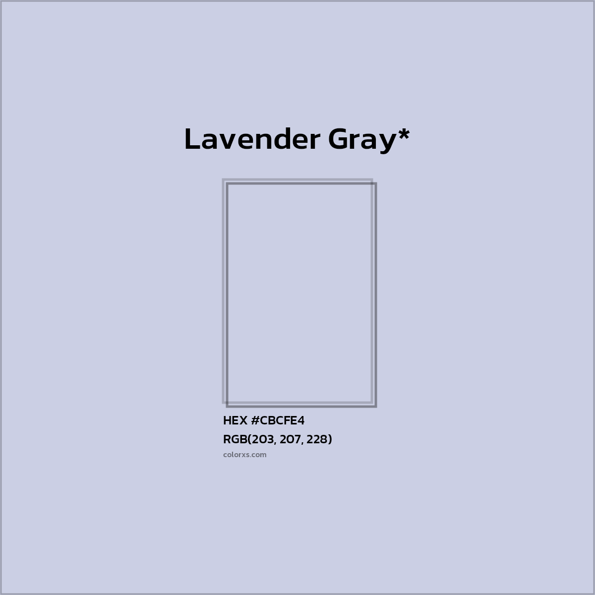 #CBCFE4 hex color. RGB, RYB, CMYK, HSL, HSV codes and color conversions. Matching color names, palettes, paints.