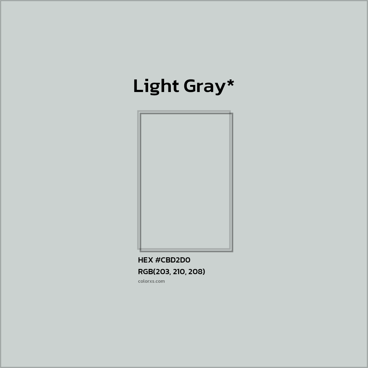#CBD2D0 hex color. RGB, RYB, CMYK, HSL, HSV codes and color conversions. Matching color names, palettes, paints.