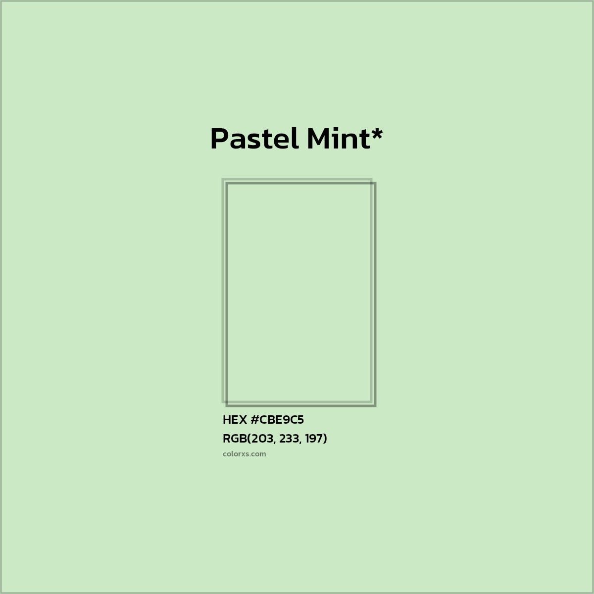 #CBE9C5 hex color. RGB, RYB, CMYK, HSL, HSV codes and color conversions. Matching color names, palettes, paints.