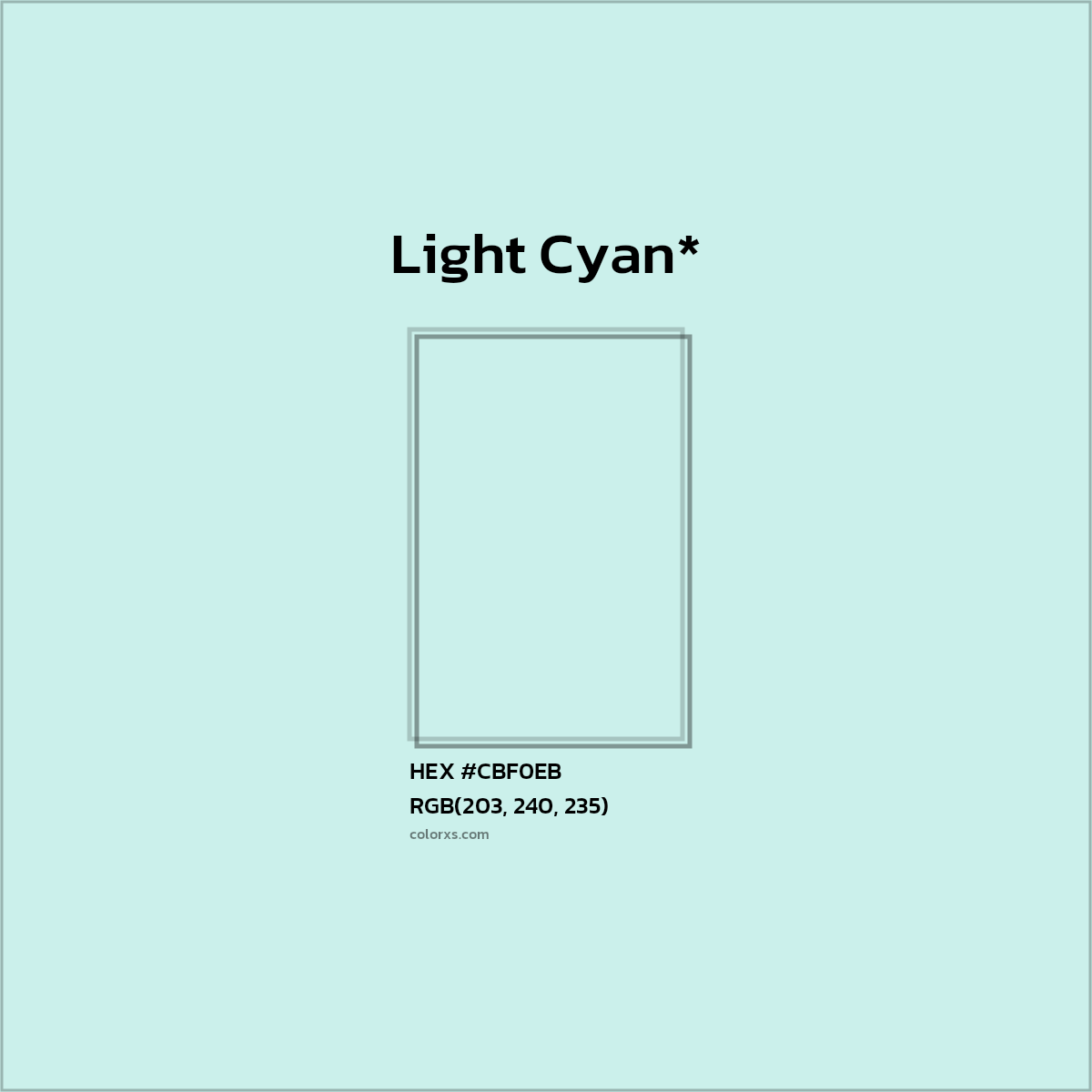 #CBF0EB hex color. RGB, RYB, CMYK, HSL, HSV codes and color conversions. Matching color names, palettes, paints.