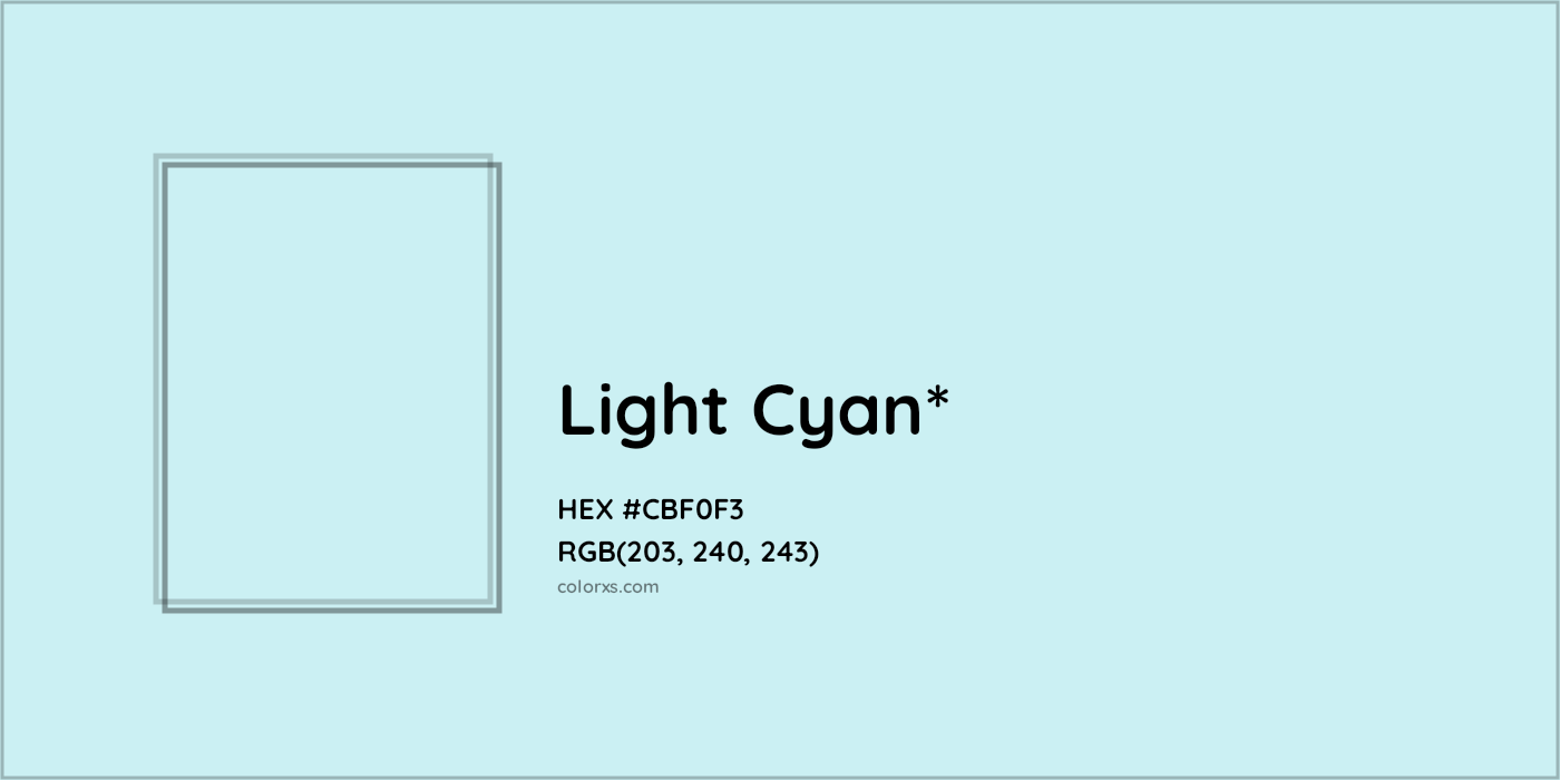 #CBF0F3 hex color. RGB, RYB, CMYK, HSL, HSV codes and color conversions. Matching color names, palettes, paints.