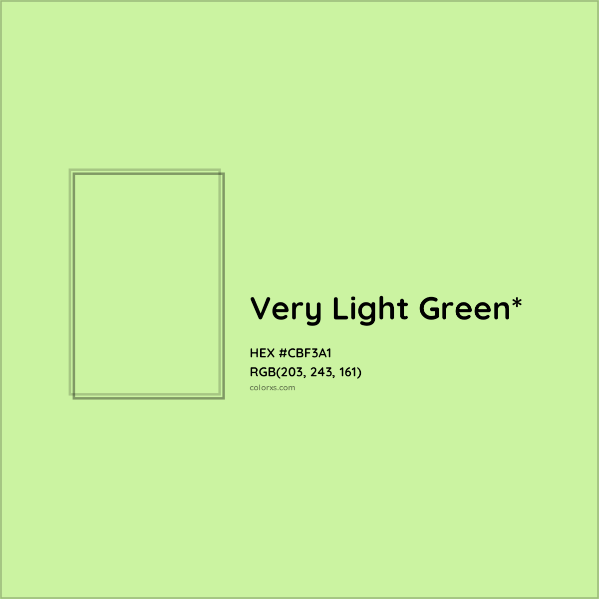 #CBF3A1 hex color. RGB, RYB, CMYK, HSL, HSV codes and color conversions. Matching color names, palettes, paints.
