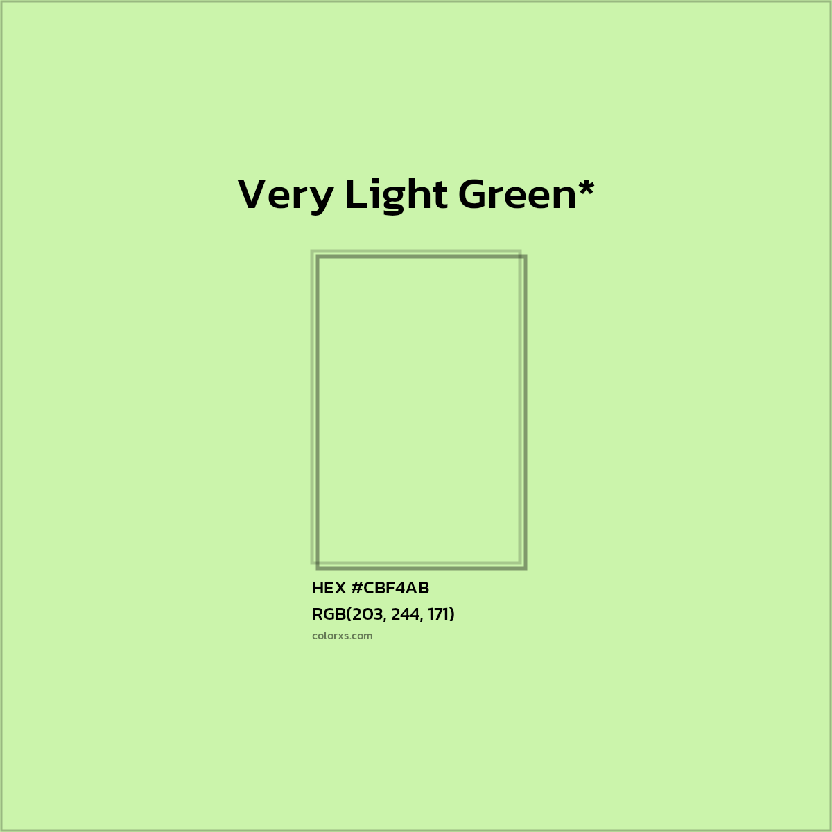 #CBF4AB hex color. RGB, RYB, CMYK, HSL, HSV codes and color conversions. Matching color names, palettes, paints.