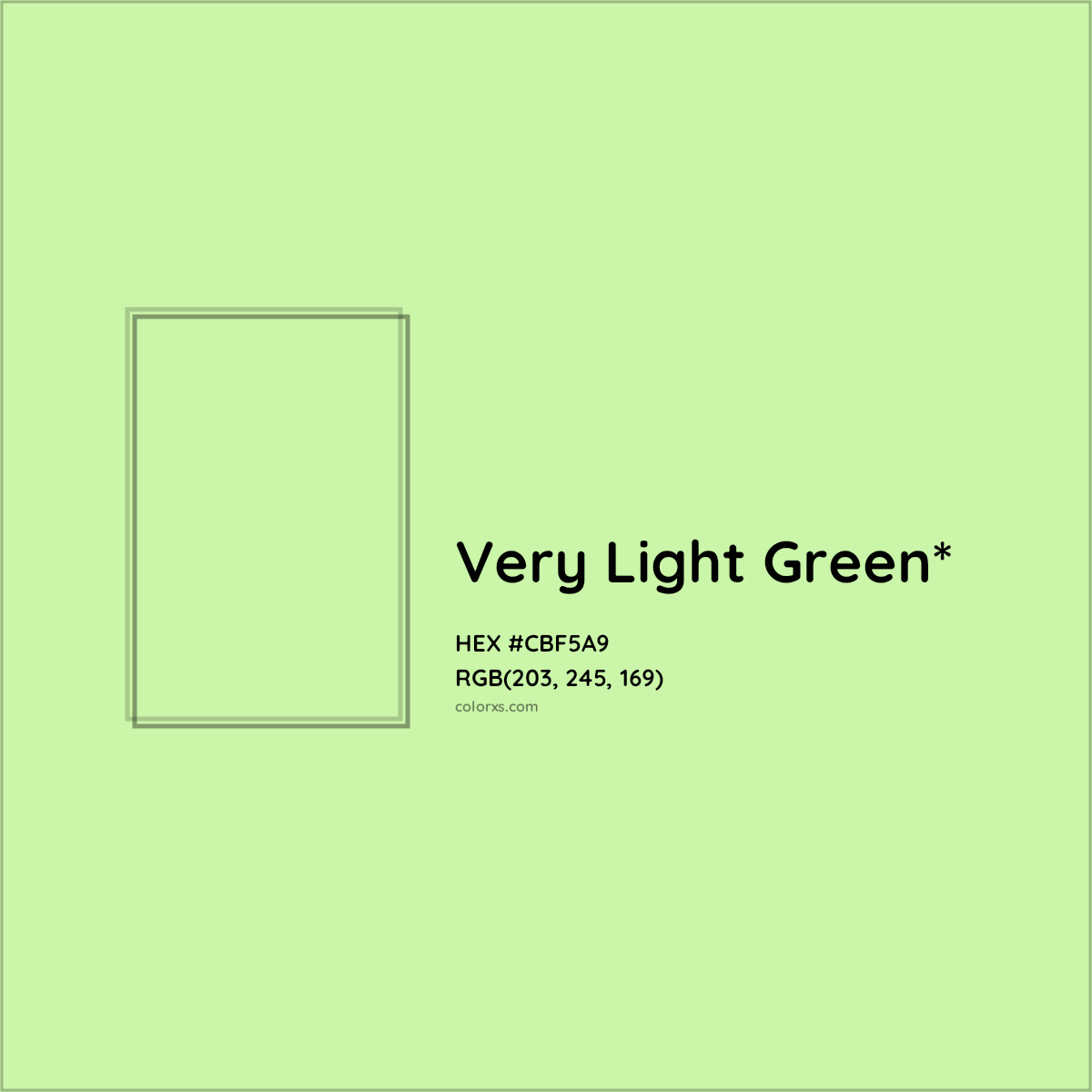 #CBF5A9 hex color. RGB, RYB, CMYK, HSL, HSV codes and color conversions. Matching color names, palettes, paints.