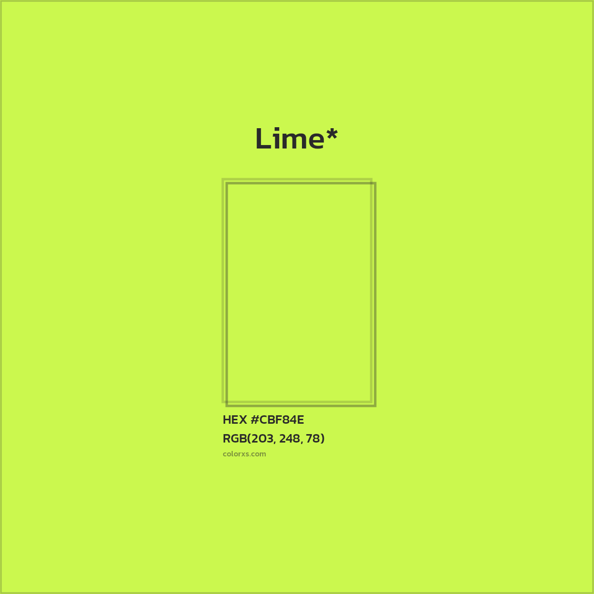#CBF84E hex color. RGB, RYB, CMYK, HSL, HSV codes and color conversions. Matching color names, palettes, paints.