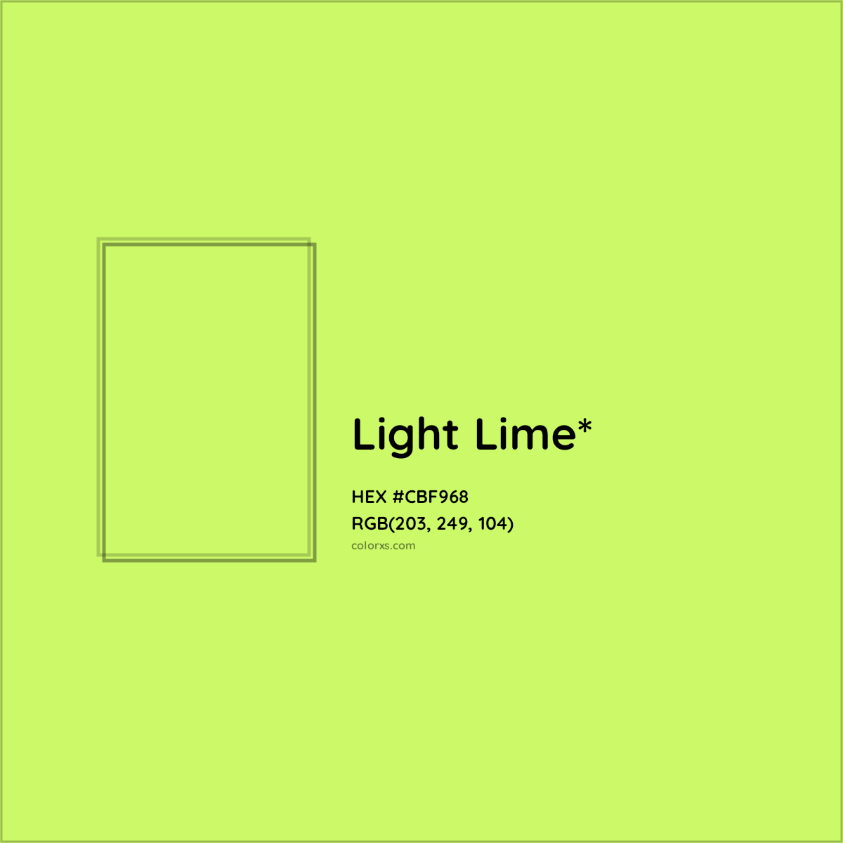 #CBF968 hex color. RGB, RYB, CMYK, HSL, HSV codes and color conversions. Matching color names, palettes, paints.