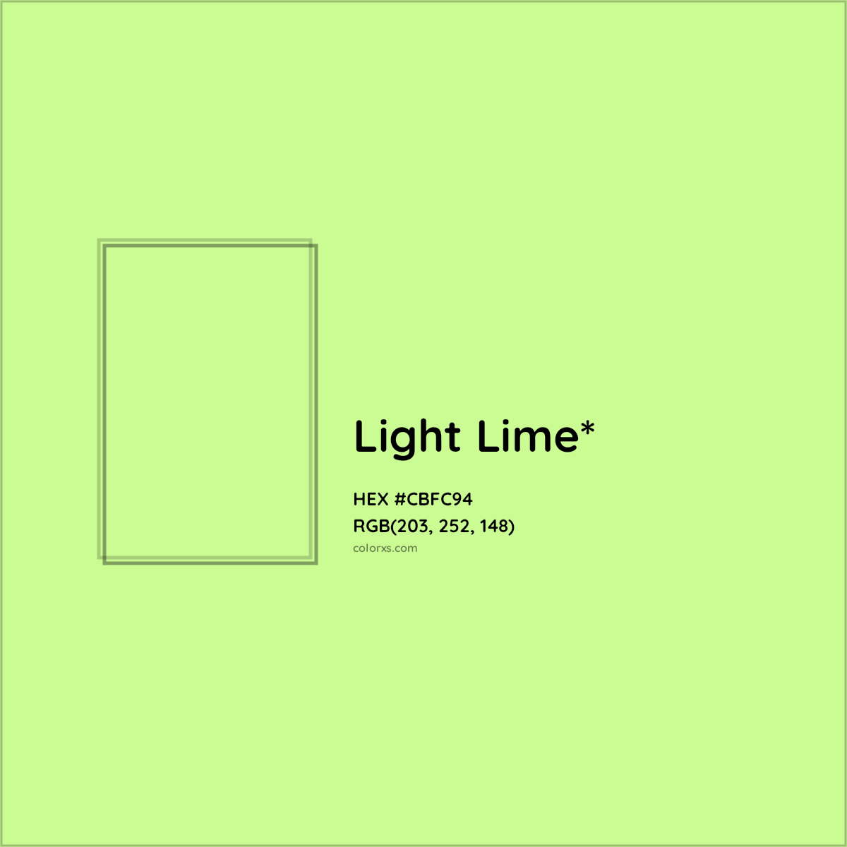 #CBFC94 hex color. RGB, RYB, CMYK, HSL, HSV codes and color conversions. Matching color names, palettes, paints.