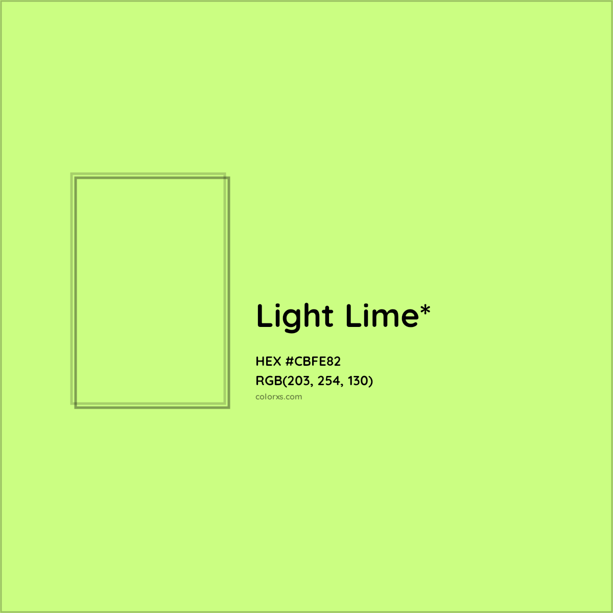 #CBFE82 hex color. RGB, RYB, CMYK, HSL, HSV codes and color conversions. Matching color names, palettes, paints.