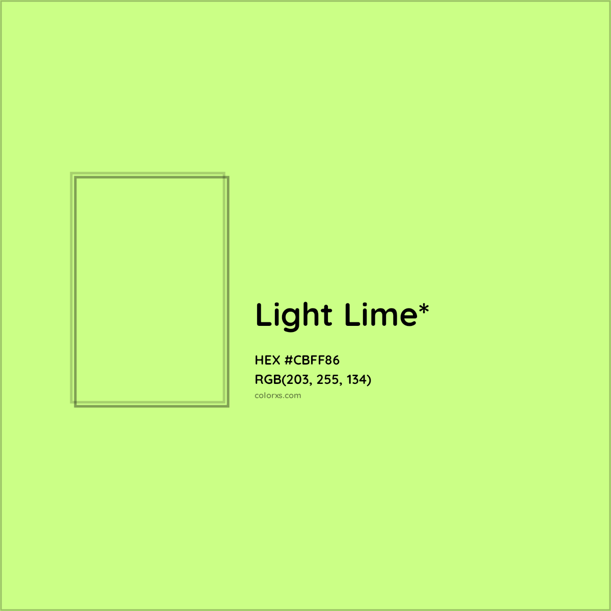 #CBFF86 hex color. RGB, RYB, CMYK, HSL, HSV codes and color conversions. Matching color names, palettes, paints.