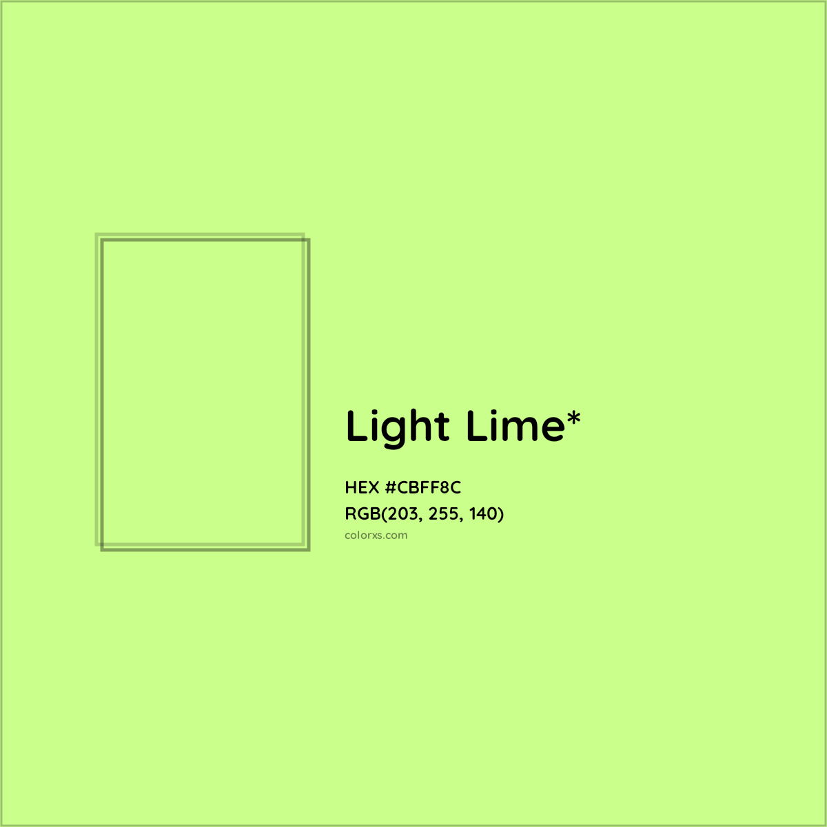 #CBFF8C hex color. RGB, RYB, CMYK, HSL, HSV codes and color conversions. Matching color names, palettes, paints.
