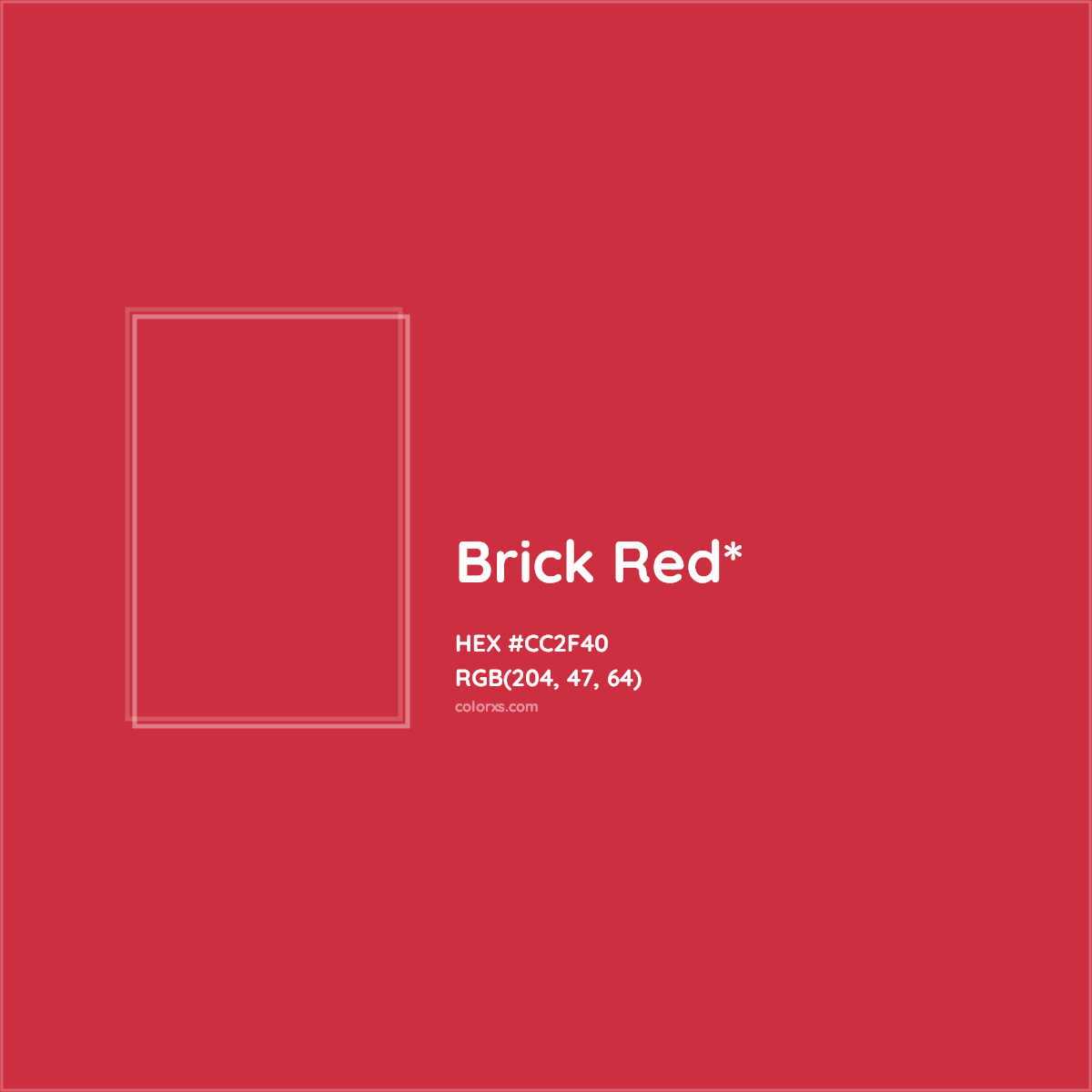#CC2F40 hex color. RGB, RYB, CMYK, HSL, HSV codes and color conversions. Matching color names, palettes, paints.