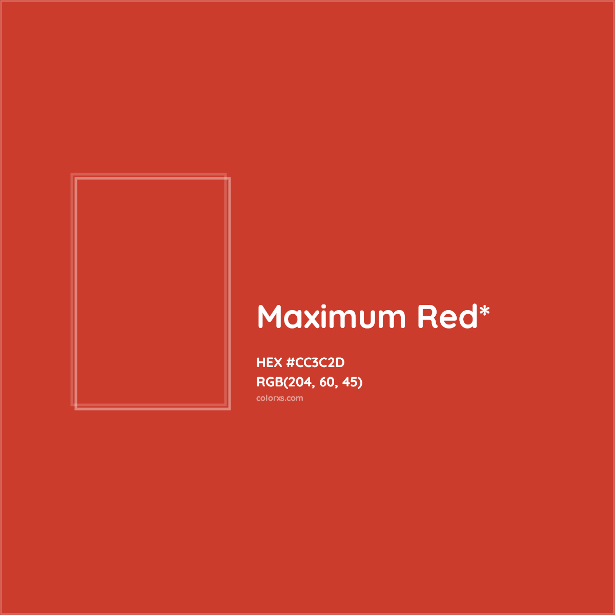#CC3C2D hex color. RGB, RYB, CMYK, HSL, HSV codes and color conversions. Matching color names, palettes, paints.