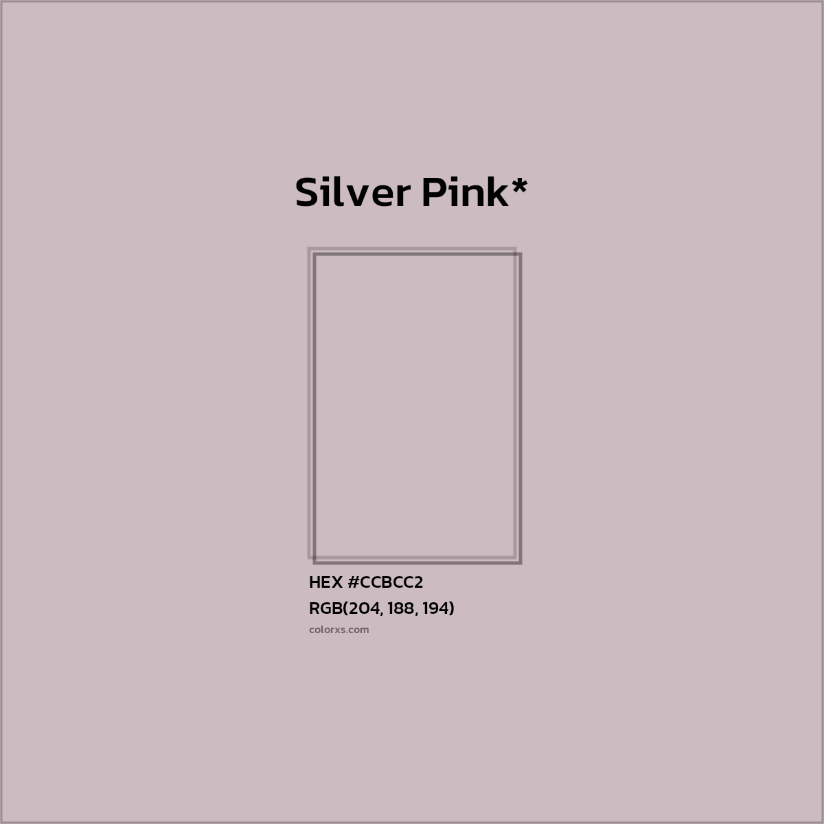 #CCBCC2 hex color. RGB, RYB, CMYK, HSL, HSV codes and color conversions. Matching color names, palettes, paints.