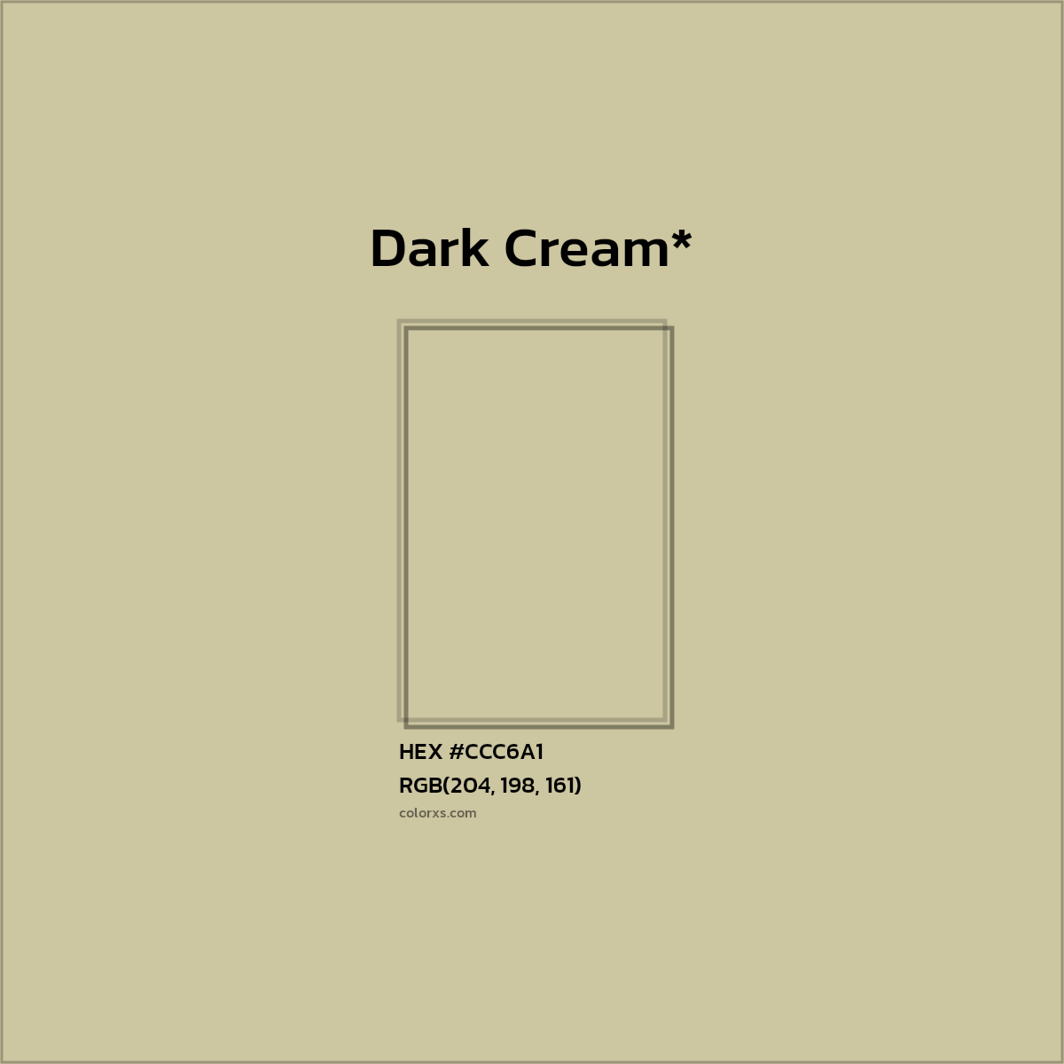 #CCC6A1 hex color. RGB, RYB, CMYK, HSL, HSV codes and color conversions. Matching color names, palettes, paints.