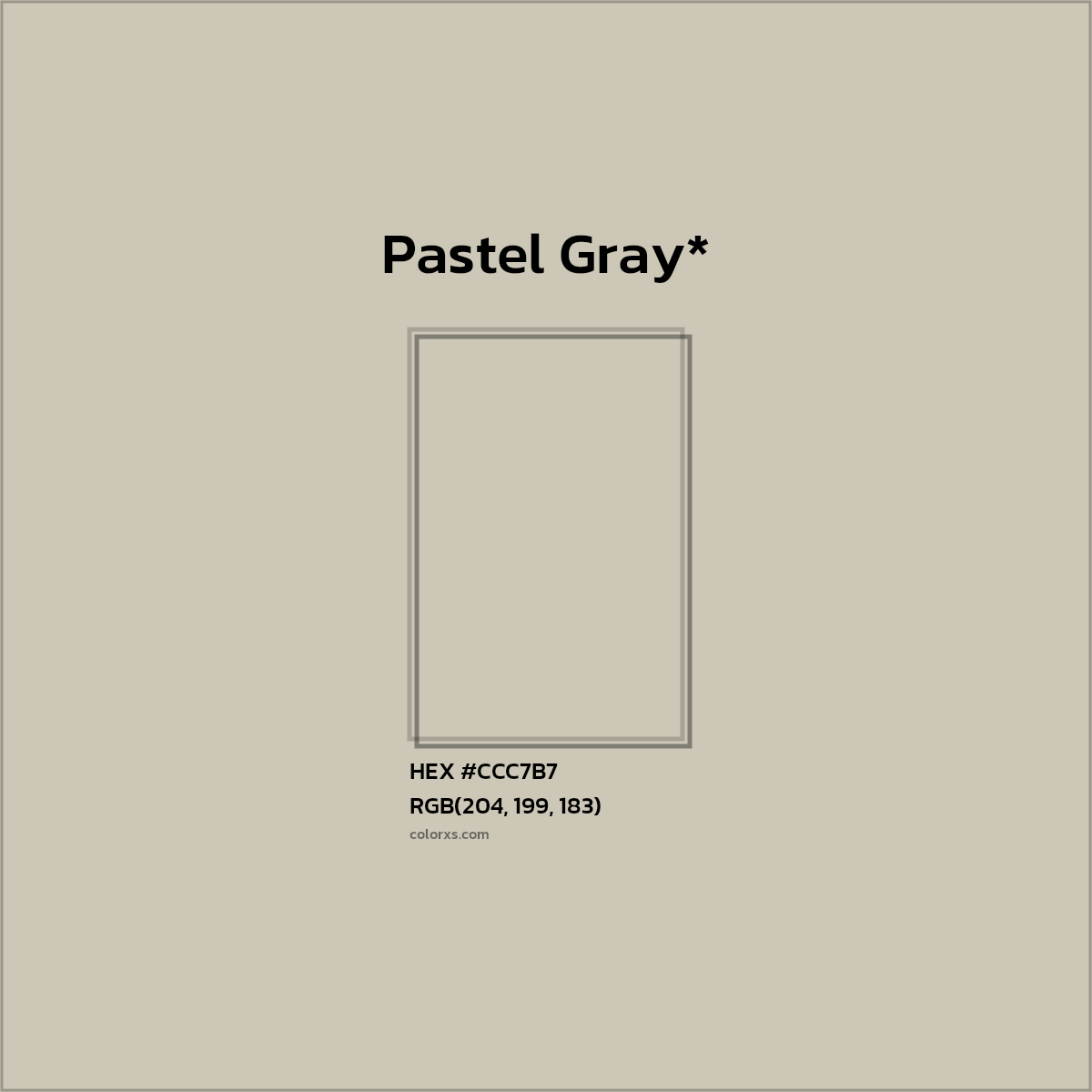 #CCC7B7 hex color. RGB, RYB, CMYK, HSL, HSV codes and color conversions. Matching color names, palettes, paints.