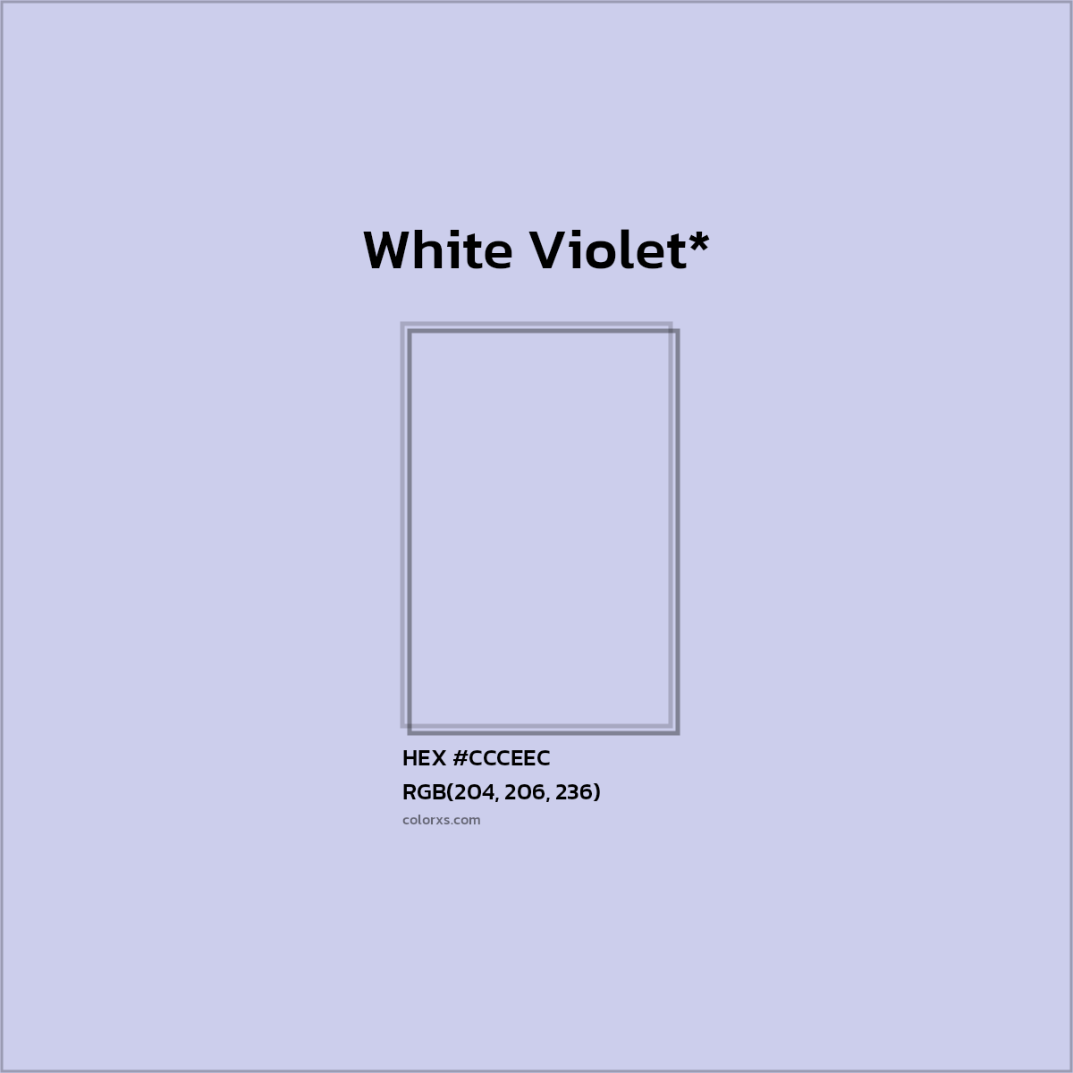 #CCCEEC hex color. RGB, RYB, CMYK, HSL, HSV codes and color conversions. Matching color names, palettes, paints.