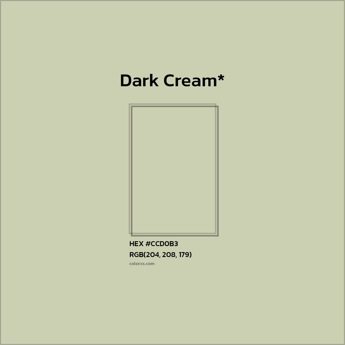 #CCD0B3 hex color. RGB, RYB, CMYK, HSL, HSV codes and color conversions. Matching color names, palettes, paints.