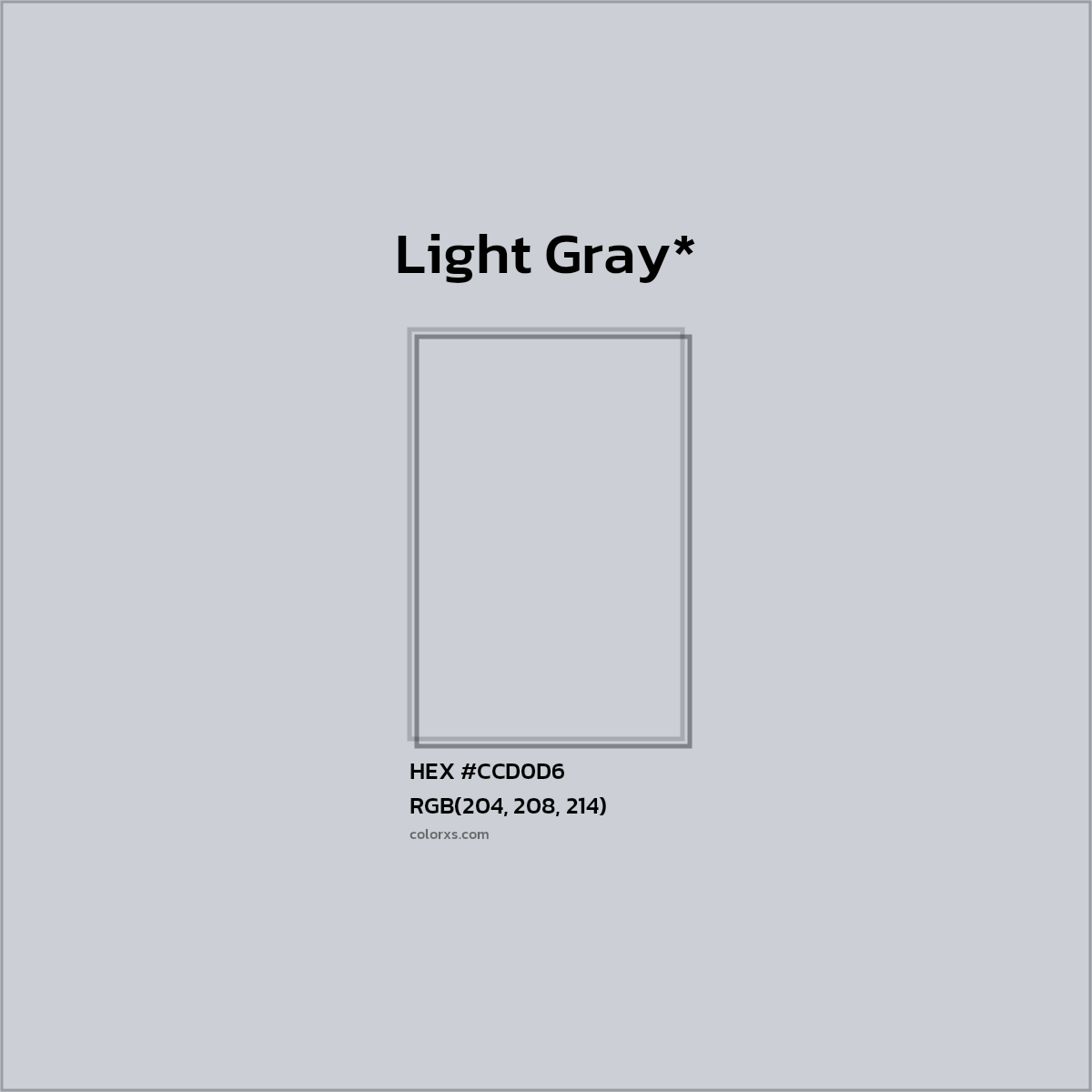 #CCD0D6 hex color. RGB, RYB, CMYK, HSL, HSV codes and color conversions. Matching color names, palettes, paints.