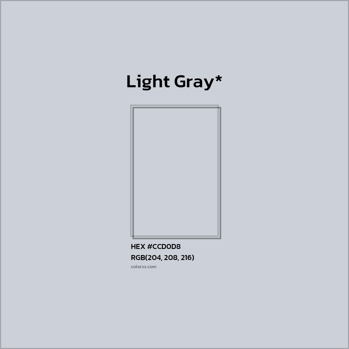 #CCD0D8 hex color. RGB, RYB, CMYK, HSL, HSV codes and color conversions. Matching color names, palettes, paints.