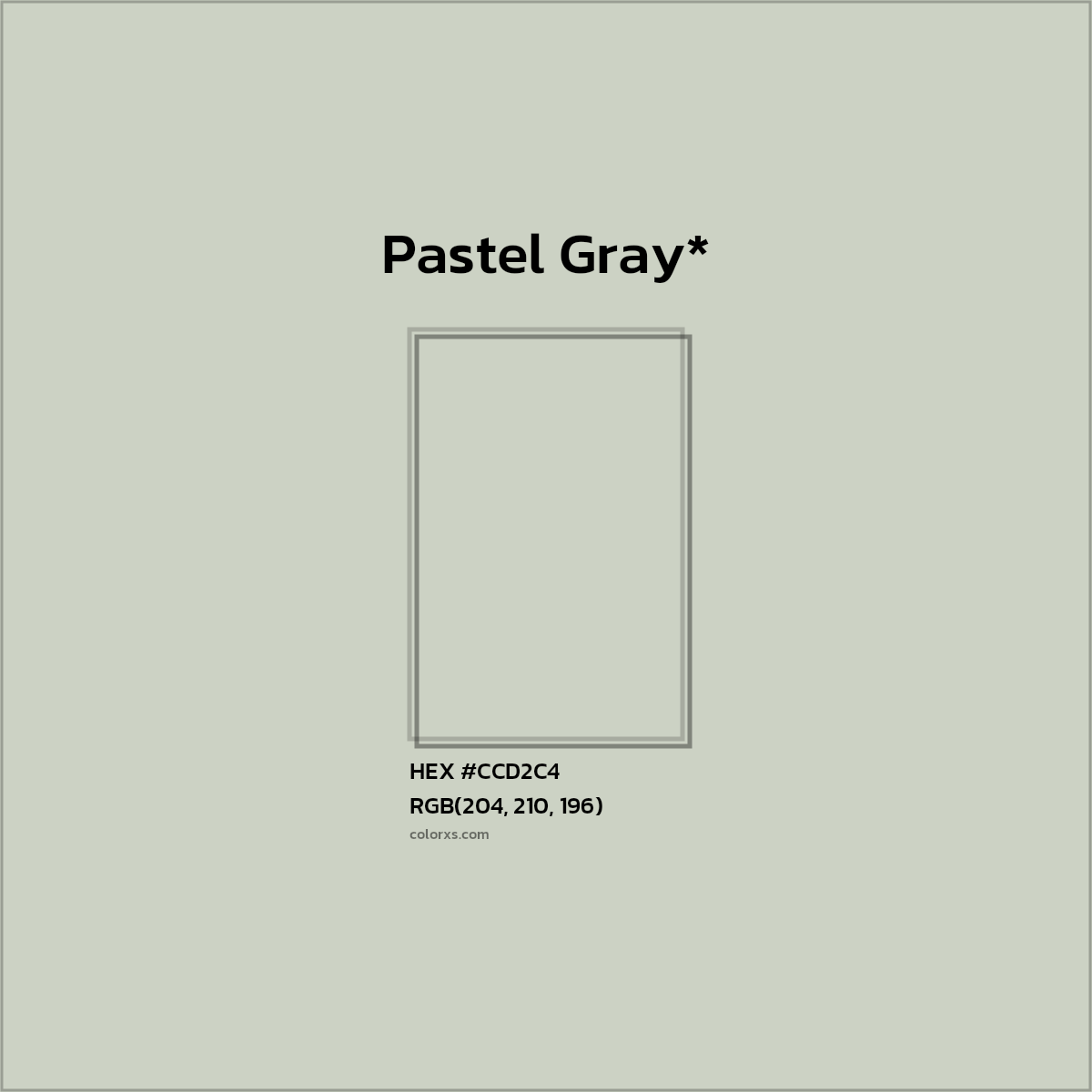 #CCD2C4 hex color. RGB, RYB, CMYK, HSL, HSV codes and color conversions. Matching color names, palettes, paints.