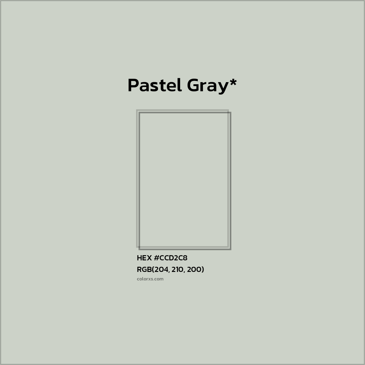 #CCD2C8 hex color. RGB, RYB, CMYK, HSL, HSV codes and color conversions. Matching color names, palettes, paints.