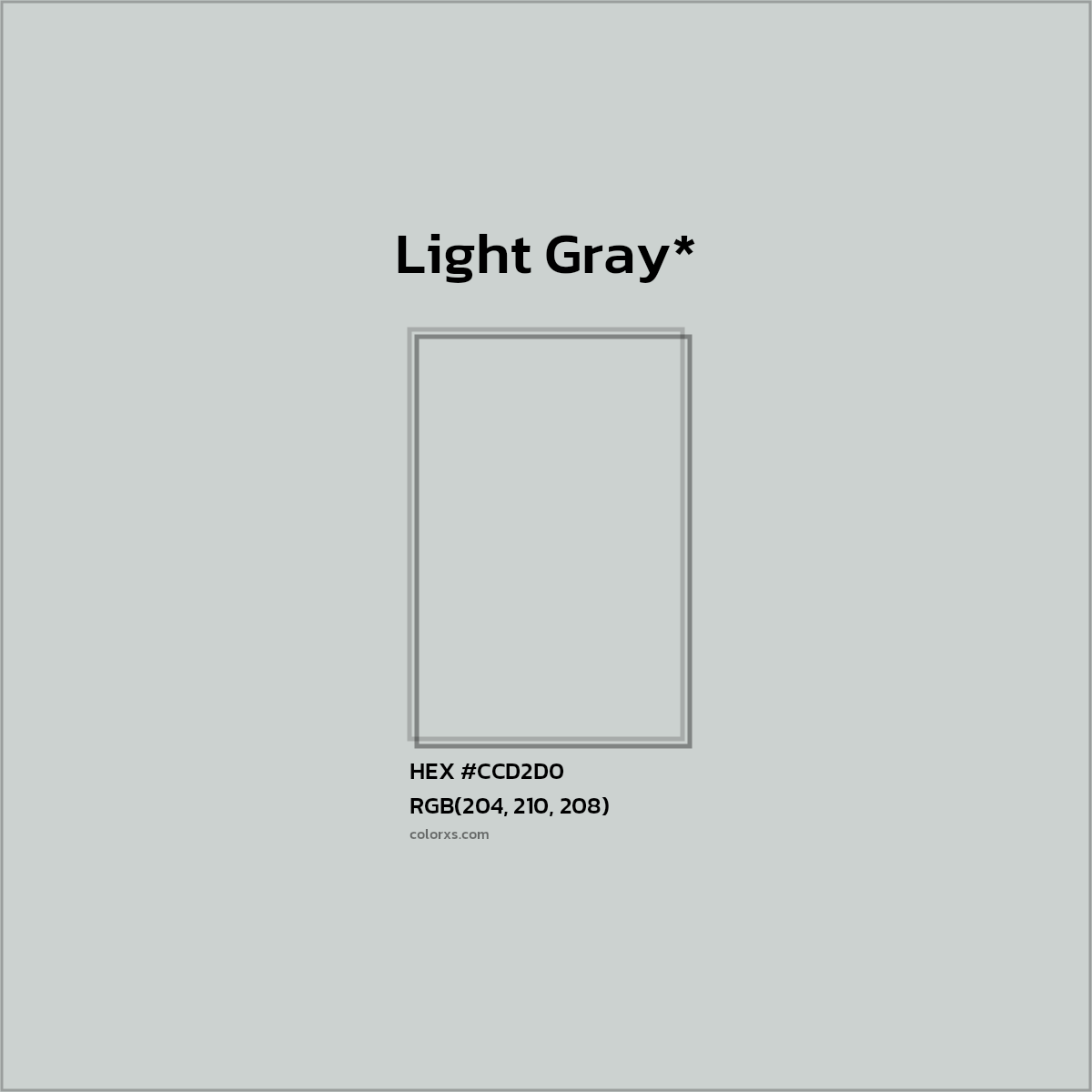 #CCD2D0 hex color. RGB, RYB, CMYK, HSL, HSV codes and color conversions. Matching color names, palettes, paints.