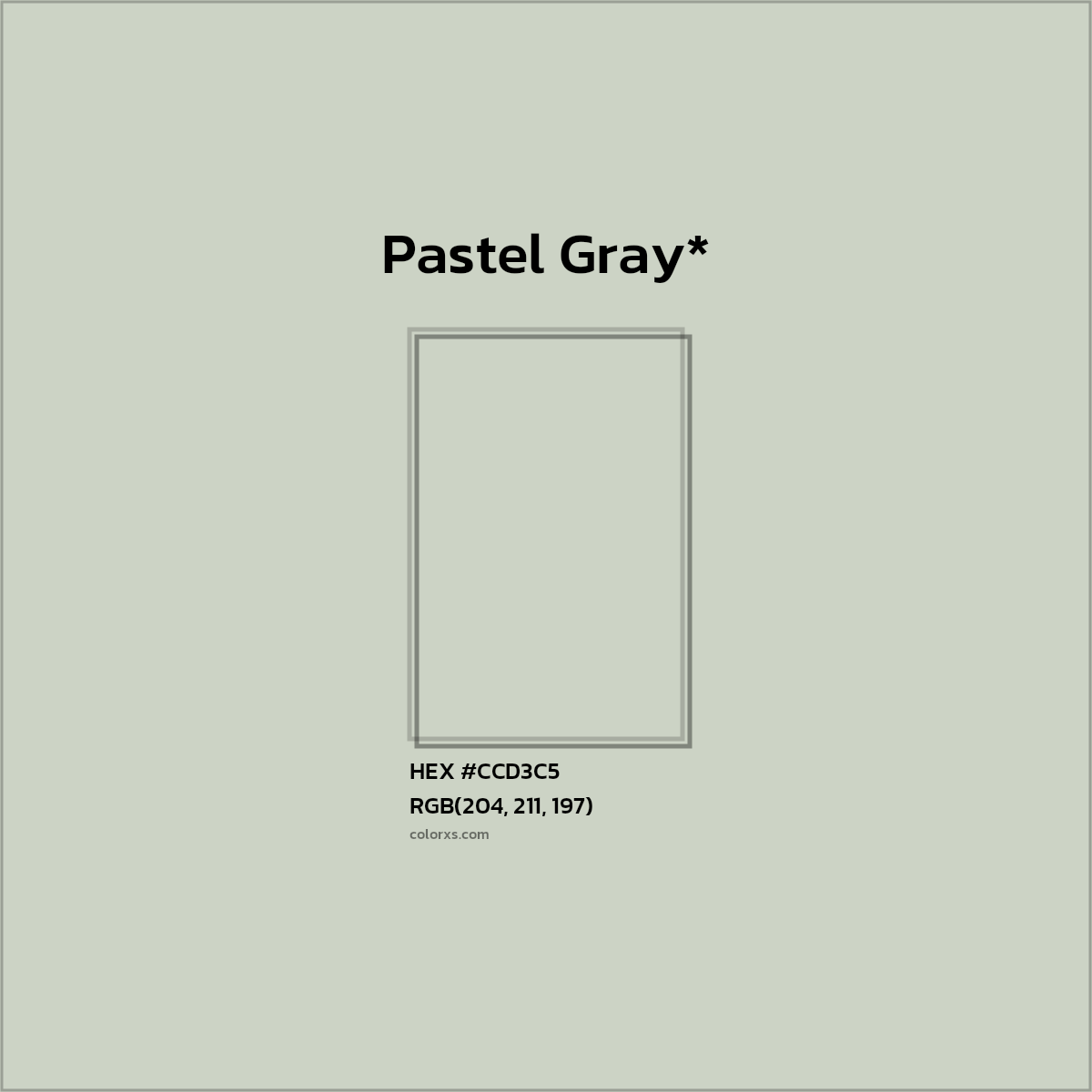 #CCD3C5 hex color. RGB, RYB, CMYK, HSL, HSV codes and color conversions. Matching color names, palettes, paints.