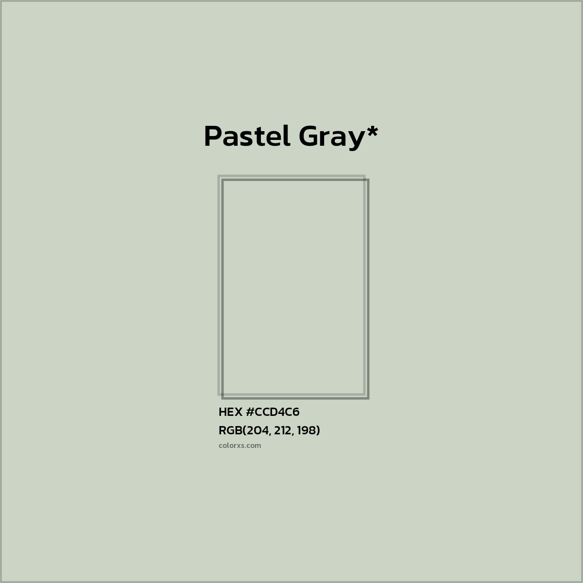 #CCD4C6 hex color. RGB, RYB, CMYK, HSL, HSV codes and color conversions. Matching color names, palettes, paints.